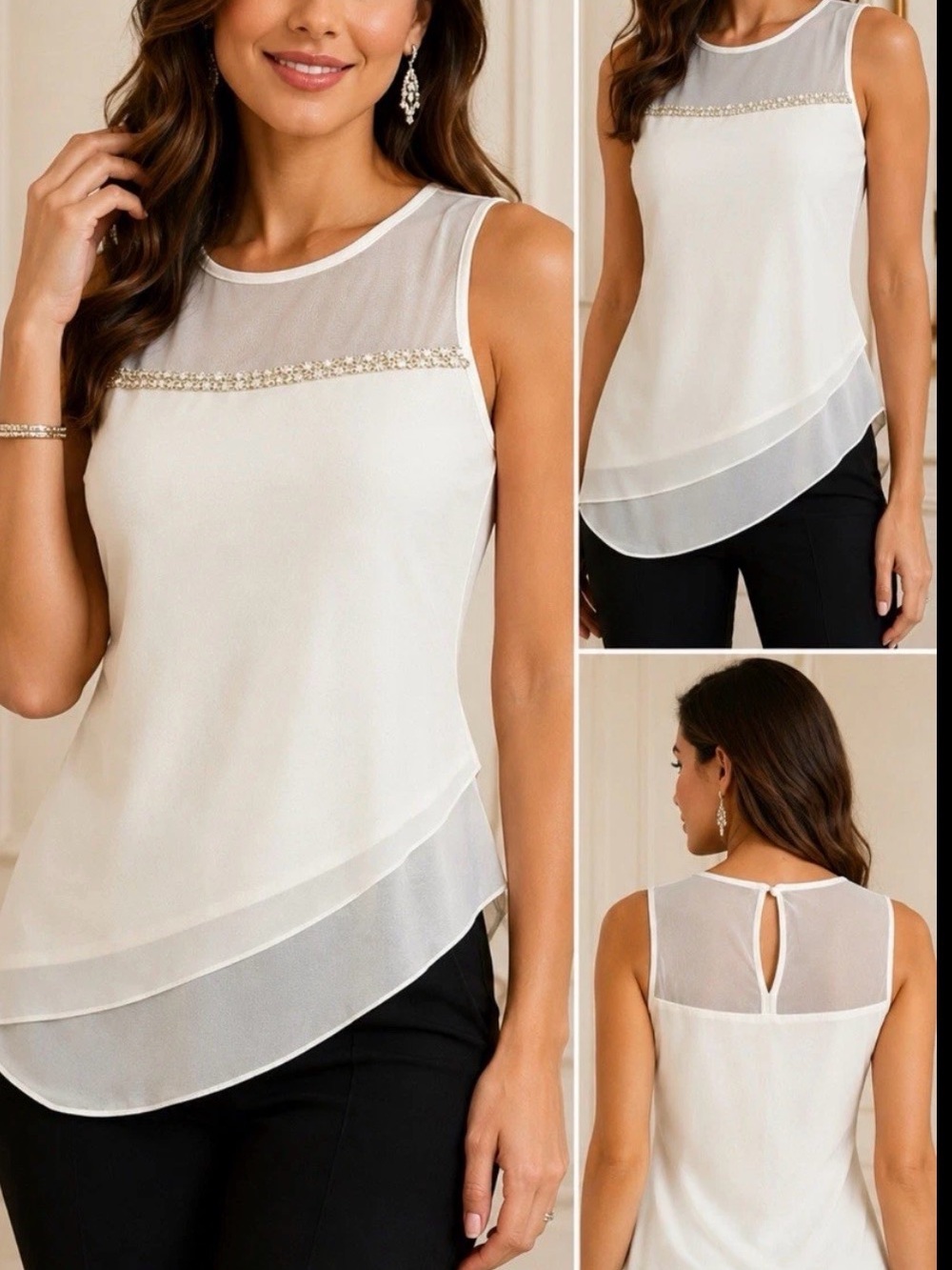 Prelude Ivory Embellished Asymmetrical Hem Sleeveless Blouse Size Small